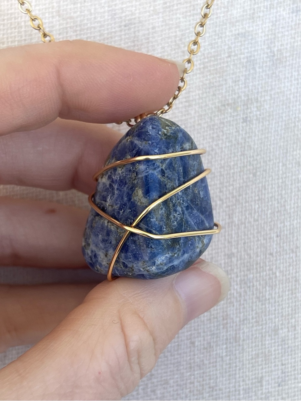 Sodalite Gold-Wire Wrapped Pendant Necklace